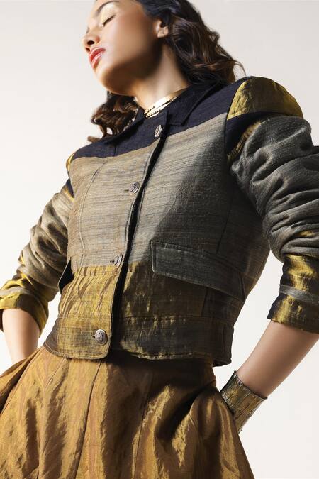 Shop_Shorshe Clothing_Black Handloom Cotton Collared Mj Handwoven Silk Jacket _Online_at_Aza_Fashions