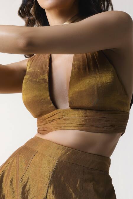 Shorshe Clothing_Gold Handloom Cotton Halter Neck Bralette_Online_at_Aza_Fashions