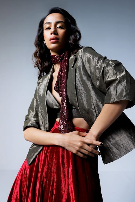 Buy_Shorshe Clothing_Grey Handloom Cotton Collared Tissue Blazer _Online_at_Aza_Fashions