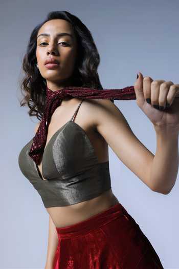 Shorshe Clothing_Grey Sweetheart Neck Bralette And Velvet Skirt Set_Online_at_Aza_Fashions