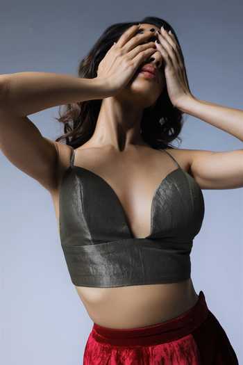 Shop_Shorshe Clothing_Grey Sweetheart Neck Bralette And Velvet Skirt Set_Online_at_Aza_Fashions