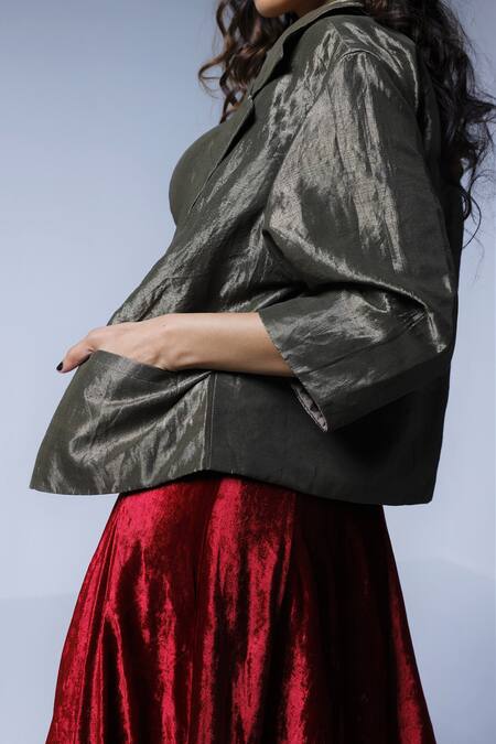 Shop_Shorshe Clothing_Grey Handloom Cotton Collared Tissue Blazer _Online_at_Aza_Fashions