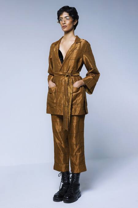 Shorshe Clothing_Gold Handloom Cotton Embroidery Checkered Pattern Blazer And Pant Set_Online_at_Aza_Fashions