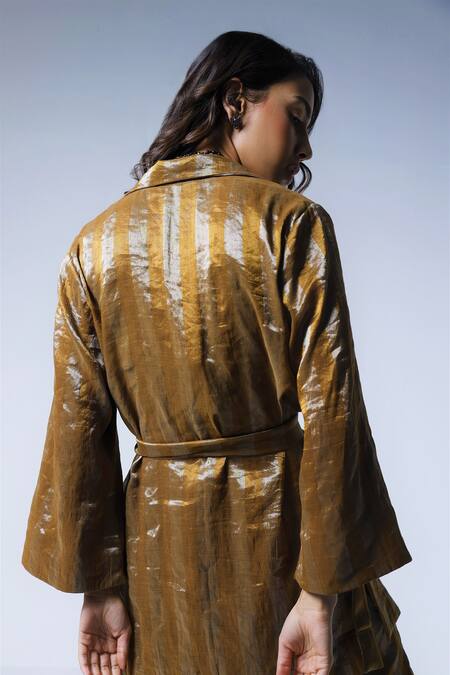 Shorshe Clothing_Gold Handloom Cotton Striped Pattern Oversized Blazer And Pant Set_at_Aza_Fashions