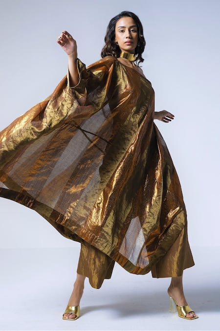 Shorshe Clothing_Gold One Shoulder Striped Pattern Cape_Online_at_Aza_Fashions