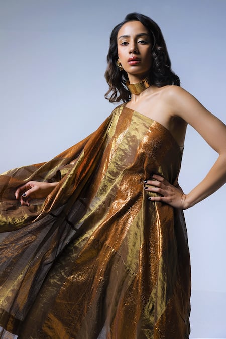 Shop_Shorshe Clothing_Gold One Shoulder Striped Pattern Cape_Online_at_Aza_Fashions