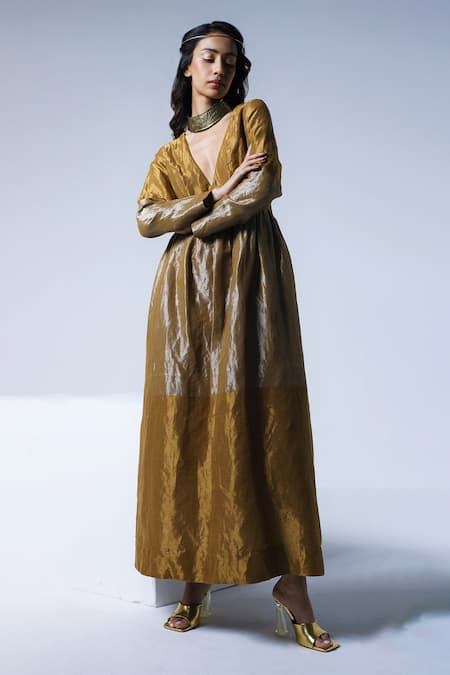 Shorshe Clothing_Gold Handloom Cotton Plunge Neck And Silver & Maxi Dress _Online_at_Aza_Fashions
