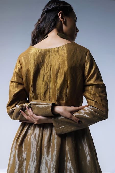 Shop_Shorshe Clothing_Gold Handloom Cotton Plunge Neck And Silver & Maxi Dress _Online_at_Aza_Fashions