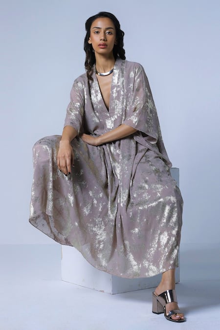 Shorshe Clothing_Beige Chiffon Jaya Foil Print Kaftan_Online_at_Aza_Fashions
