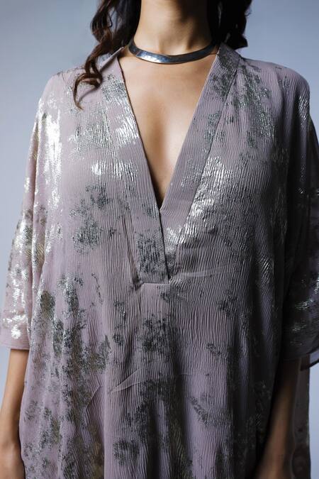 Buy_Shorshe Clothing_Beige Chiffon Jaya Foil Print Kaftan_Online_at_Aza_Fashions