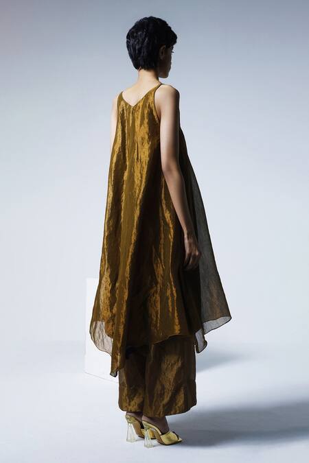 Shorshe Clothing Gold Handloom Cotton V-neck Tent Goa Asymmetric Hem Dress Online at Aza Fashions Shorshe Clothing_Gold Handloom Cotton V-neck Tent Goa Asymmetric Hem Dress_Online_at_Aza_Fashions