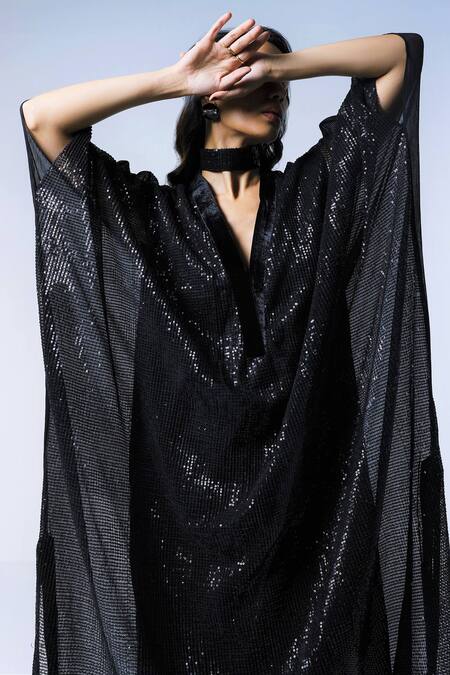 Shop Shorshe Clothing Black Silk Jaya Sequin Kaftan Online at Aza Fashions Shop_Shorshe Clothing_Black Silk Jaya Sequin Kaftan_Online_at_Aza_Fashions