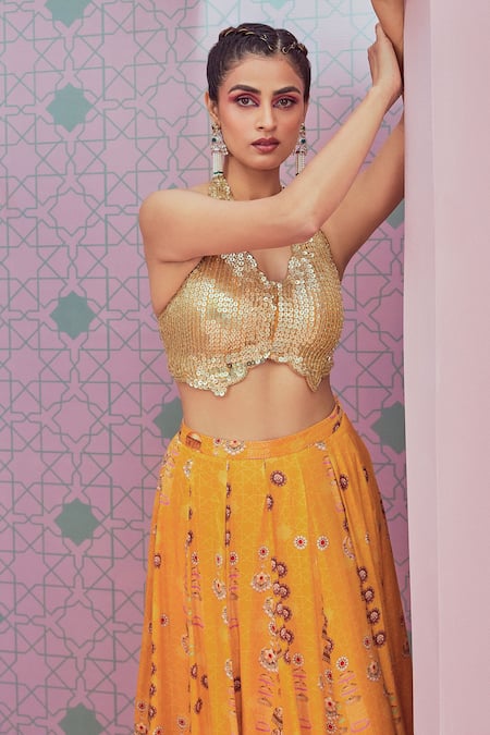Krisha Sunny Ramani_Yellow Halter Neck Panelled Lehenga With Sequin Embellished Blouse _Online_at_Aza_Fashions