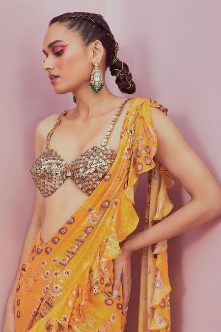 Krisha Sunny Ramani_Yellow Modal, Satin Jhumka Pattern Pre Draped Saree With Embellished Blouse _Online_at_Aza_Fashions