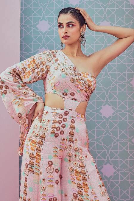 Krisha Sunny Ramani_Pink Modal, Satin Crystals One Shoulder Cut-out Embellished Jumpsuit _Online_at_Aza_Fashions