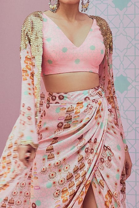 Krisha Sunny Ramani Pink Modal Sequins V-neck Embellished Cape Dhoti Skirt Set Online at Aza Fashions Krisha Sunny Ramani_Pink Modal Sequins V-neck Embellished Cape Dhoti Skirt Set _Online_at_Aza_Fashions