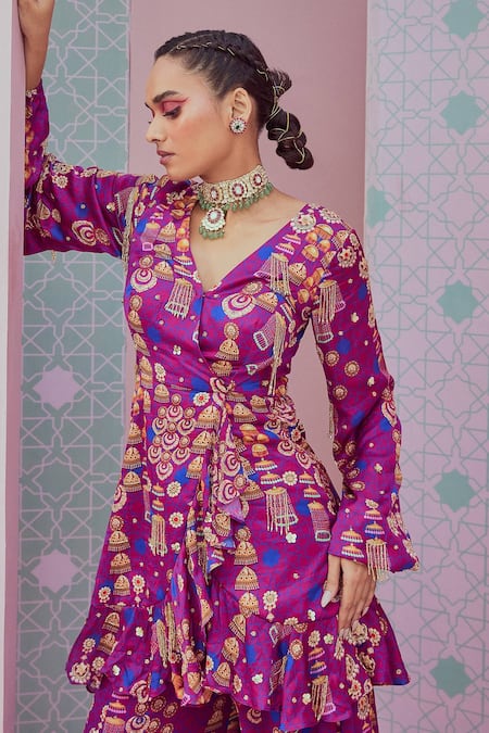 Krisha Sunny Ramani_Purple Modal, Satin Sequins, Tassels Crystal Embellished Angrakha With Sharara _Online_at_Aza_Fashions