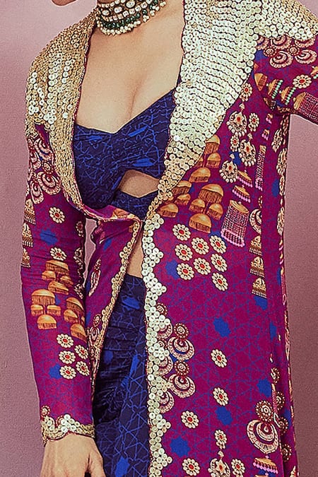 Krisha Sunny Ramani Purple Crepe Sequins Sweetheart Dhoti Skirt Set With Contrast Embellished Cape Online at Aza Fashions Krisha Sunny Ramani_Purple Crepe Sequins Sweetheart Dhoti Skirt Set With Contrast Embellished Cape _Online_at_Aza_Fashions