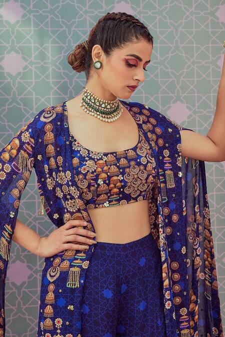 Krisha Sunny Ramani_Blue Crepe Sequins Round Neck Jhumka Print Cape Sharara Set _Online_at_Aza_Fashions