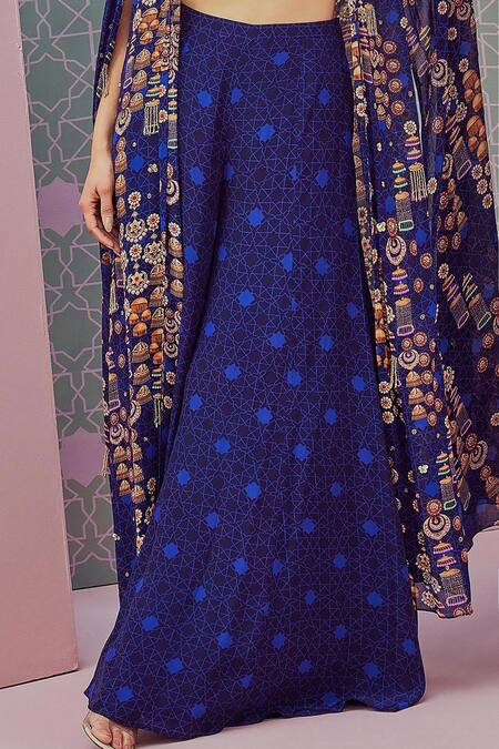 Buy_Krisha Sunny Ramani_Blue Crepe Sequins Round Neck Jhumka Print Cape Sharara Set _Online_at_Aza_Fashions