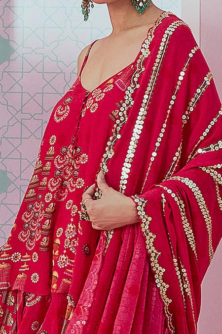 Krisha Sunny Ramani Fuchsia Crepe, Georgette Sequins V-neck Jhumka Print Kurta Sharara Set Online at Aza Fashions Krisha Sunny Ramani_Fuchsia Crepe, Georgette Sequins V-neck Jhumka Print Kurta Sharara Set _Online_at_Aza_Fashions