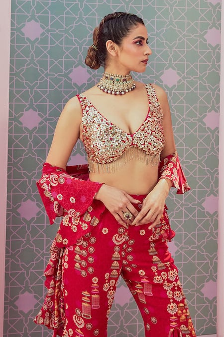 Krisha Sunny Ramani_Red Georgette Sequins, Embroidery, Jhumka Print Ruffled Pant Saree With Blouse _Online_at_Aza_Fashions