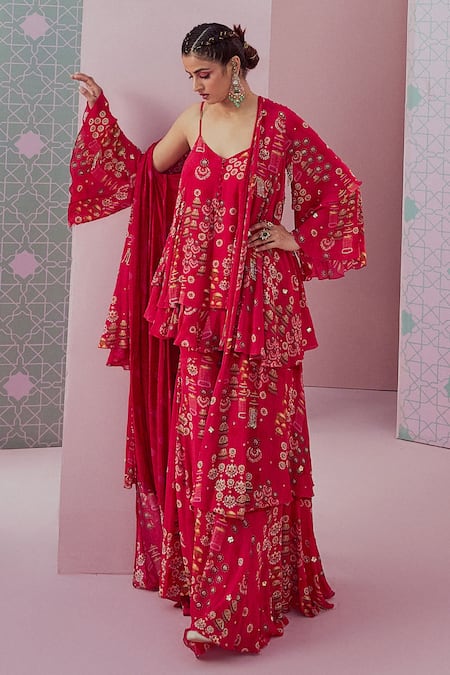 Shop_Krisha Sunny Ramani_Fuchsia Crepe, Georgette Beads, Embroidery V-neck Jhumka Print Cape Sharara Set _Online_at_Aza_Fashions