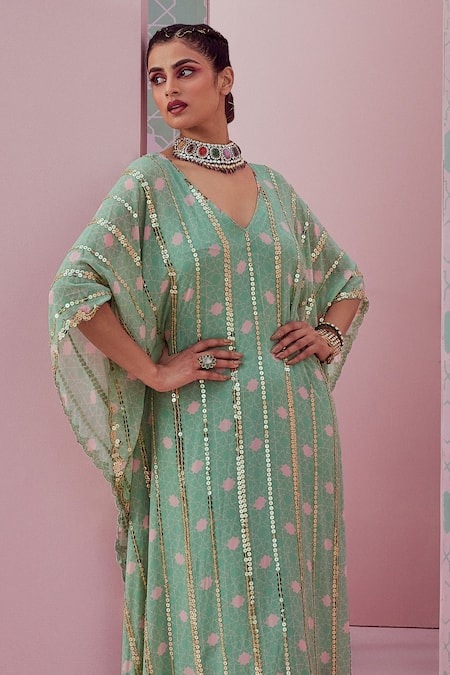 Krisha Sunny Ramani_Green Georgette Sequins, Embroidery V-neck Geometric Print And Kaftan _Online_at_Aza_Fashions