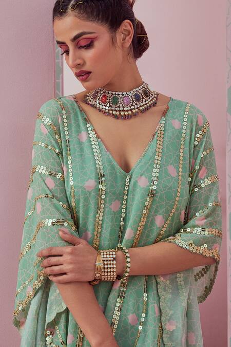 Buy_Krisha Sunny Ramani_Green Georgette Sequins, Embroidery V-neck Geometric Print And Kaftan _Online_at_Aza_Fashions