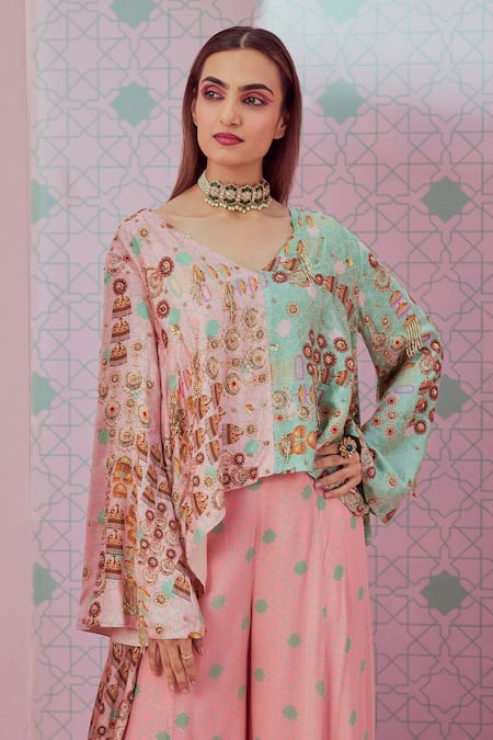 Krisha Sunny Ramani_Green Modal, Satin, Georgette Beads, Jhumka Print Short Top And Sharara Set _Online_at_Aza_Fashions