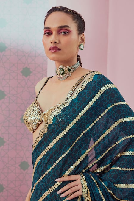 Krisha Sunny Ramani_Green Georgette Sequins Geometric Print And Embroidered Saree With Blouse _Online_at_Aza_Fashions