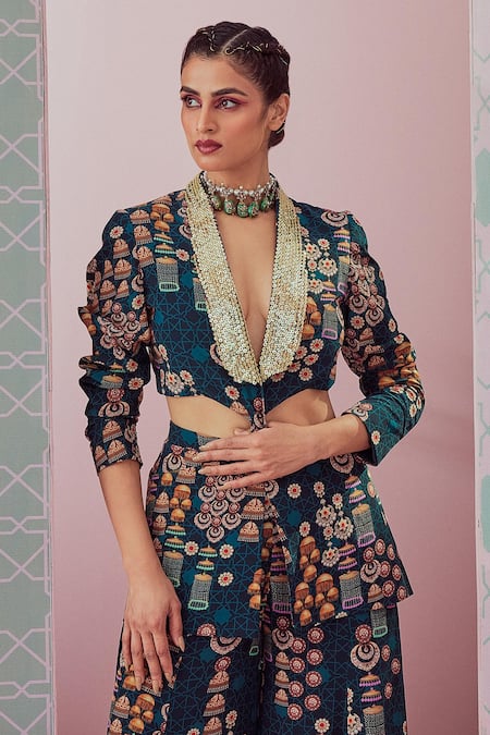 Krisha Sunny Ramani_Green Crepe Sequins Jhumka Print Blazer And Sharara Set _Online_at_Aza_Fashions