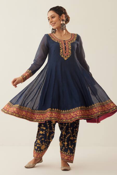 Shrutkirti_Blue Chanderi Silk Embroidered Aari Round Flared Anarkali Set With Salwar_Online_at_Aza_Fashions