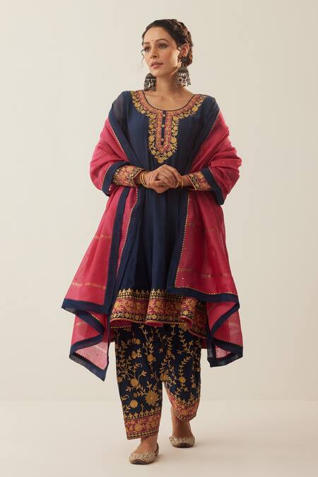 Shop_Shrutkirti_Blue Chanderi Silk Embroidered Aari Round Flared Anarkali Set With Salwar_Online_at_Aza_Fashions