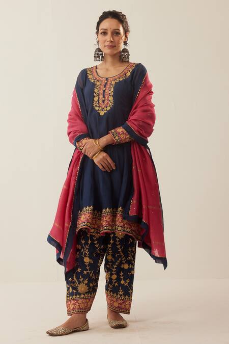 Shrutkirti_Blue Chanderi Silk Embroidered Aari Round Flared Anarkali Set With Salwar_at_Aza_Fashions