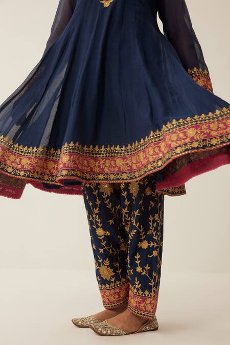 Buy_Shrutkirti_Blue Chanderi Silk Embroidered Aari Round Flared Anarkali Set With Salwar