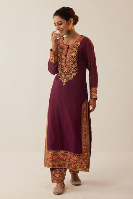 Shop Shrutkirti Purple Chanderi Silk Embroidered Aari Round Kurta Set Online at Aza Fashions Shop_Shrutkirti_Purple Chanderi Silk Embroidered Aari Round Kurta Set_Online_at_Aza_Fashions