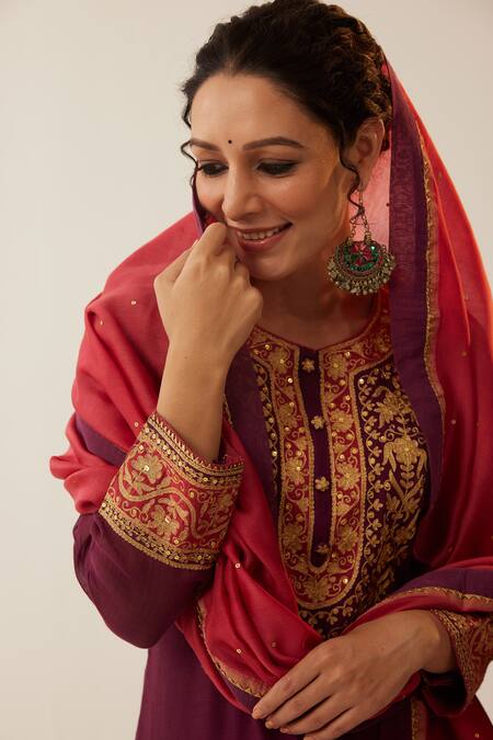 Buy Shrutkirti Purple Chanderi Silk Embroidered Aari Round Kurta Set Buy_Shrutkirti_Purple Chanderi Silk Embroidered Aari Round Kurta Set