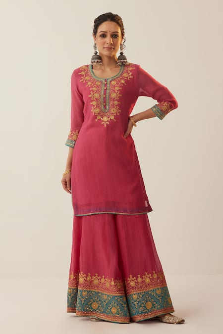Buy_Shrutkirti_Pink Chanderi Silk Embroidered Aari Round Kurta Sharara Set _Online_at_Aza_Fashions