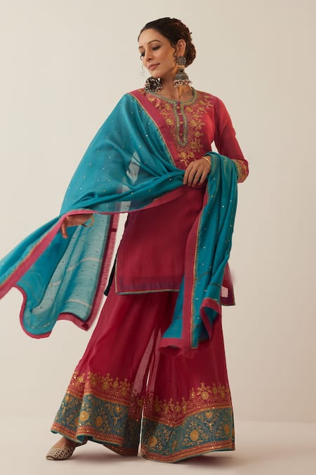 Shrutkirti_Pink Chanderi Silk Embroidered Aari Round Kurta Sharara Set _at_Aza_Fashions