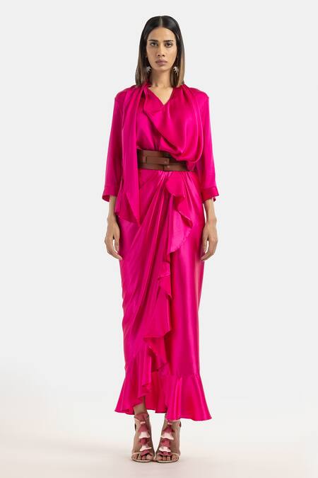 Buy_431-88 By Shweta Kapur_Fuchsia Silk Satin Ruffled Sunday Skirt_Online_at_Aza_Fashions