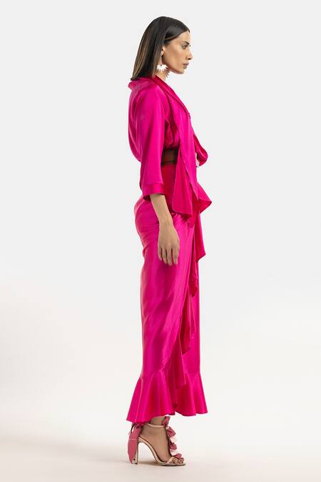 Shop_431-88 By Shweta Kapur_Fuchsia Silk Satin Ruffled Sunday Skirt_Online_at_Aza_Fashions