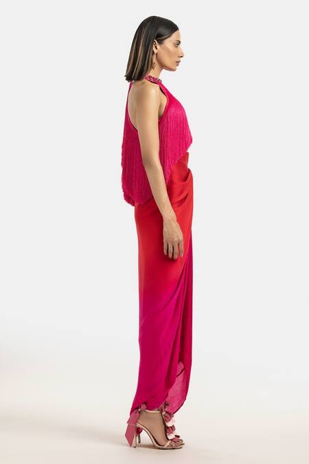 Buy_431-88 By Shweta Kapur_Fuchsia Satin Fringe, Stones Halter Neck Tasselled Top_Online_at_Aza_Fashions