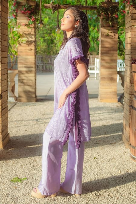 Shop_MONK & MEI BY SONIA ANAND_Purple Georgette Tassels V-neck V Kaftan And Pant Set _Online_at_Aza_Fashions