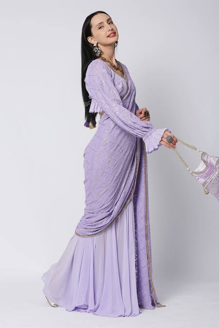 Monk & Mei By Sonia Anand_Purple Georgette Sequins V-neck Pre-stitched Fish Cut Saree With Blouse _at_Aza_Fashions