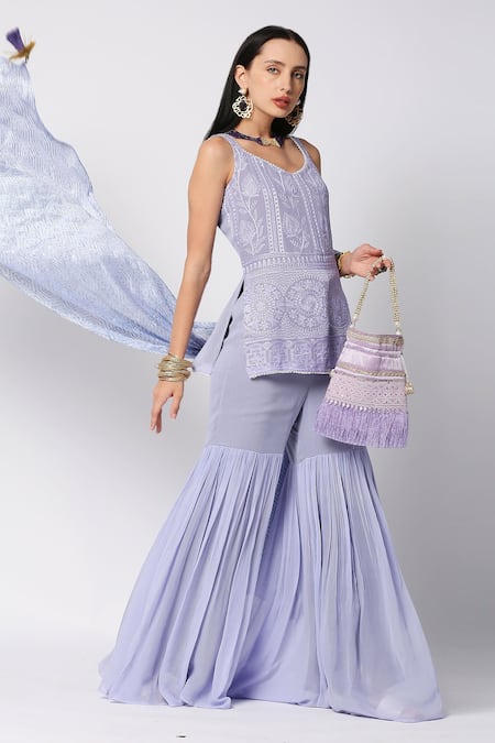 Monk & Mei By Sonia Anand_Purple Georgette Embroidery, Tassels V-neck Floral Kurta Sharara Set _at_Aza_Fashions