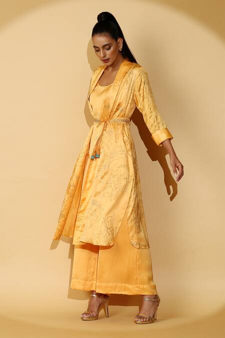 Madder Much_Yellow 65% Cupro 35% Modal Floral Open Molly Printed Jacket And Pant Set_at_Aza_Fashions