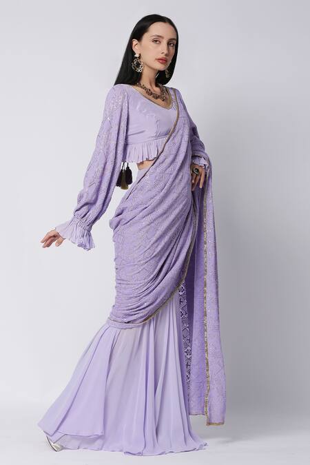 Shop_Monk & Mei By Sonia Anand_Purple Georgette Sequins V-neck Pre-stitched Fish Cut Saree With Blouse _Online_at_Aza_Fashions