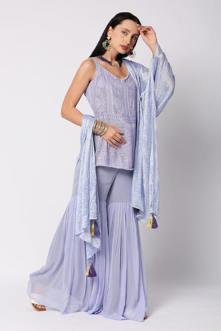Shop_Monk & Mei By Sonia Anand_Purple Georgette Embroidery, Tassels V-neck Floral Kurta Sharara Set _Online_at_Aza_Fashions