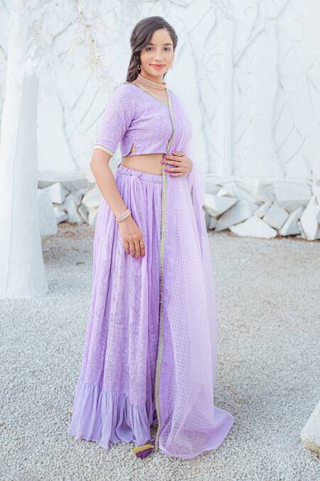 Shop Monk & Mei By Sonia Anand Purple Georgette Embroidery, Stones, Tassels Floral Chikankari Lehenga Set Online at Aza Fashions Shop_Monk & Mei By Sonia Anand_Purple Georgette Embroidery, Stones, Tassels Floral Chikankari Lehenga Set _Online_at_Aza_Fashions
